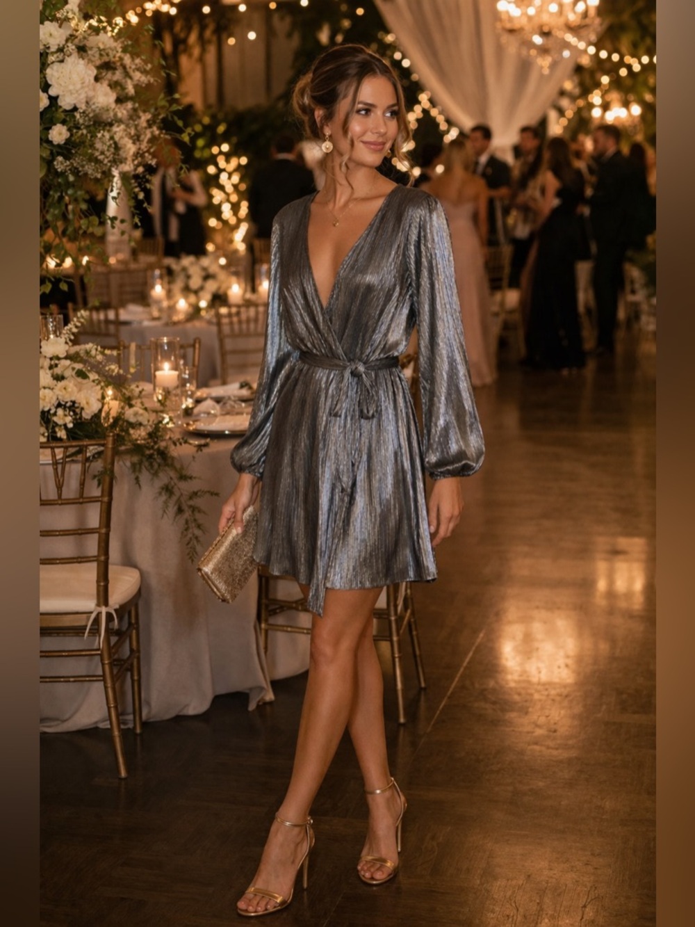 🔥Silver Metallic Mini Dress | Long Sleeve Shimmer Cocktail Wedding Guest Party